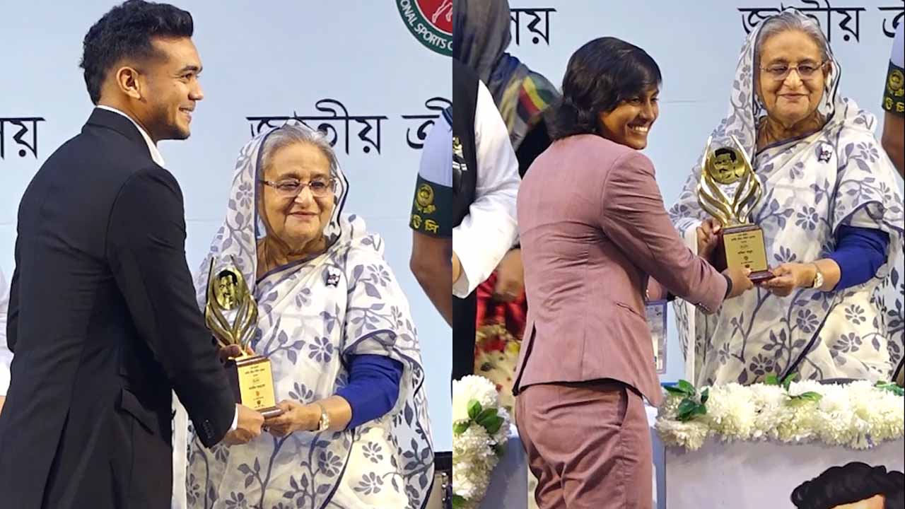 প্রধানমন্ত্রীর কাছ থেকে পুরষ্কার নিচ্ছেন তাসকিন ও সাবিনা