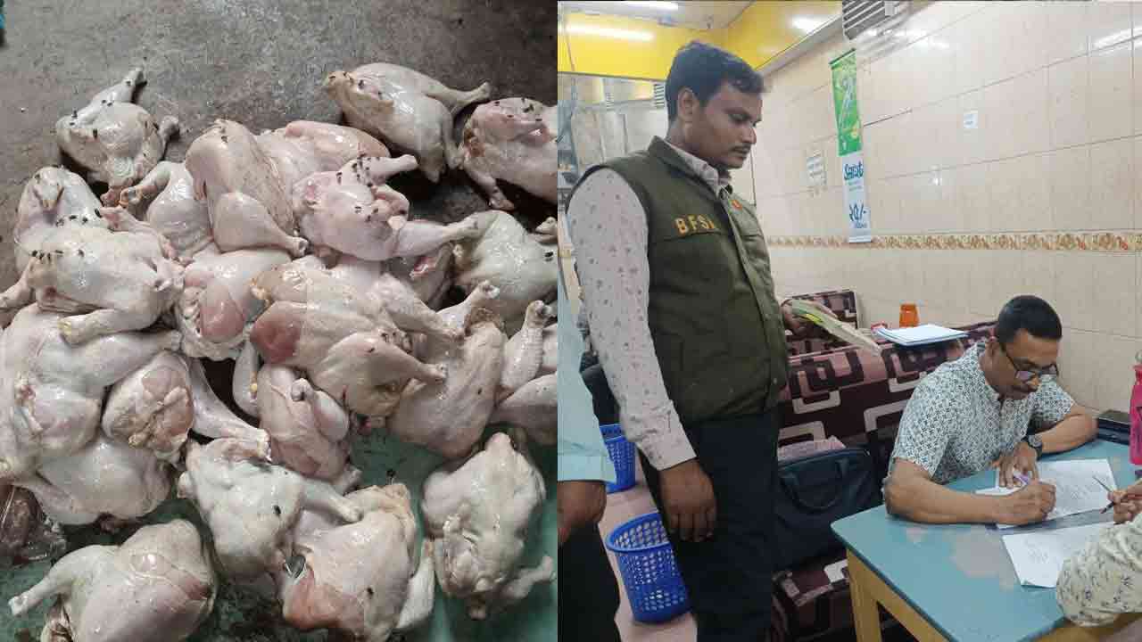 মরা মুরগির মাংস প্রক্রিয়াজাতকরণ: রুচিতা হোটেল সিলগালা ও জরিমানা (ছবি-দেশ টিভি)