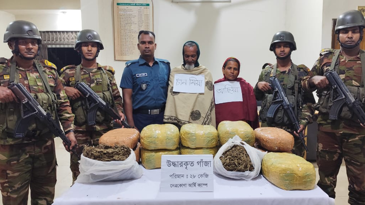 নেত্রকোনায় ২৮ কেজি গাঁজাসহ দুই মাদক কারবারি আটক