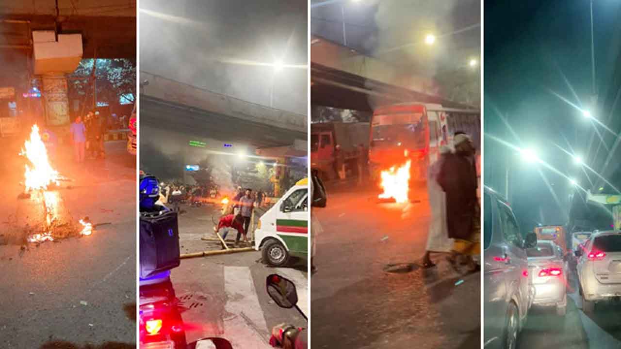 তেজগাঁওয়ে আগুন জ্বালিয়ে ট্রাক দিয়ে সড়ক অবরোধ, তীব্র যানজট